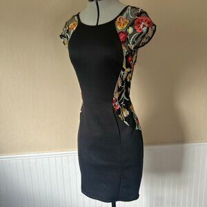 BCX Black Embroidered Lace Bodycon Dress | Colorful Floral Stretch Mini | Size 0